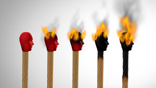 Concept of burnout or career burn out and business stress overworked and burnt from exhaustion as a match icon of an employee exhausted as a work or life concept for overloaded workers as a 3D illustration.