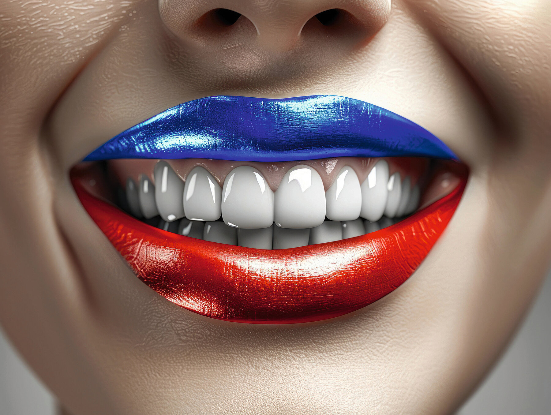 Smiling Lips with Red and Blue Lipstick Close-Up. Generative ai. High quality illustration