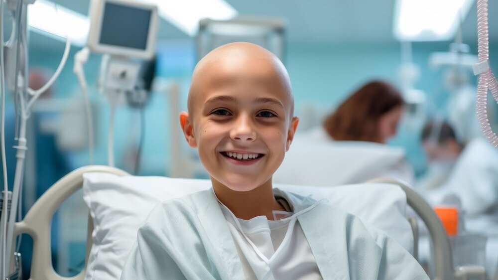 A bald young boy smiling in a cancer hospital bed. Generative AI. Kind mit Leukämie