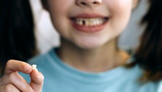 Kleines Mädchen hält verlorenen Milchzahn zwischen den Fingern.