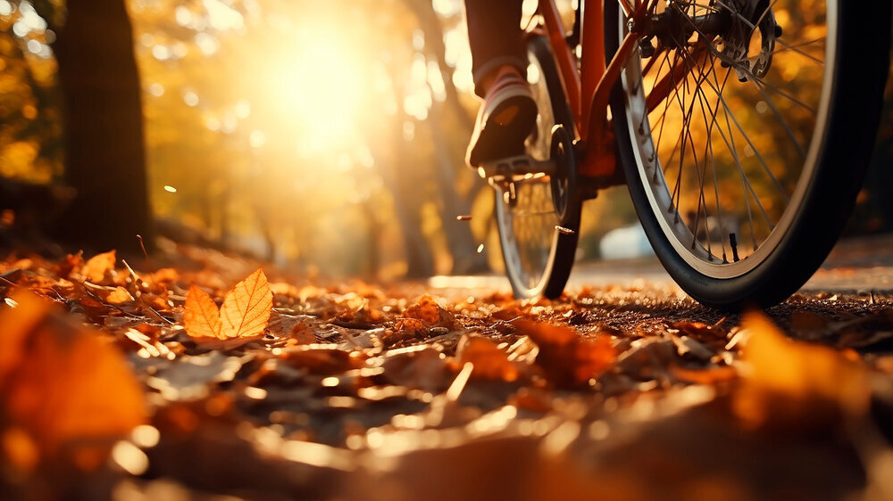bicycle in motion autumn background wheels leaves flying in autumn park fall sunny day Fahrrad