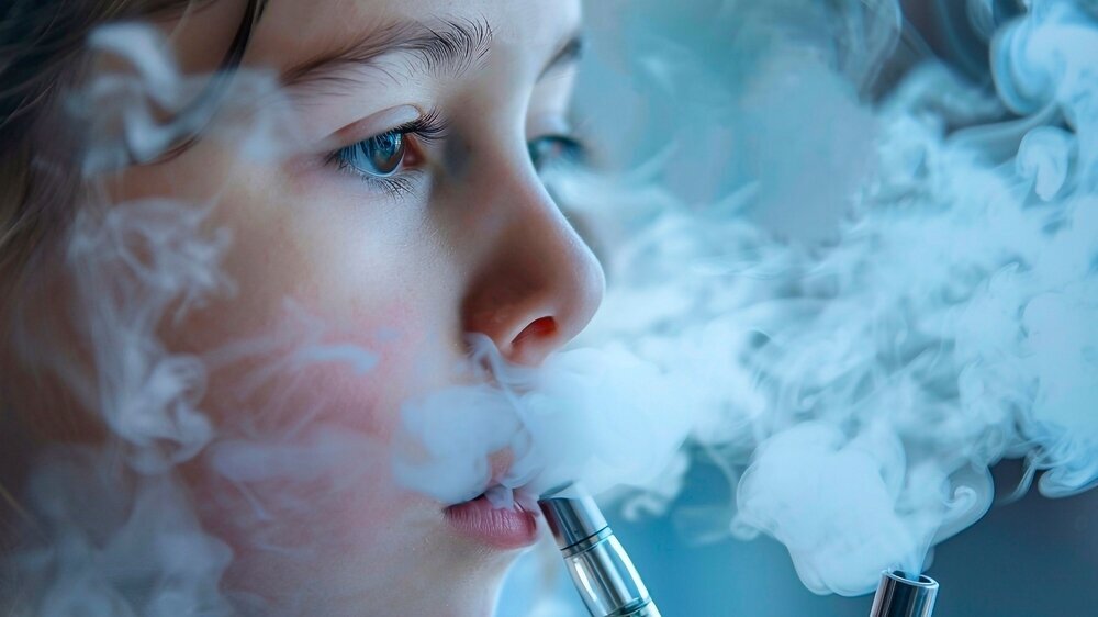 Little girl with electronic cigarette and smoke in her mouth, close up Kind mit E-Zigarette
