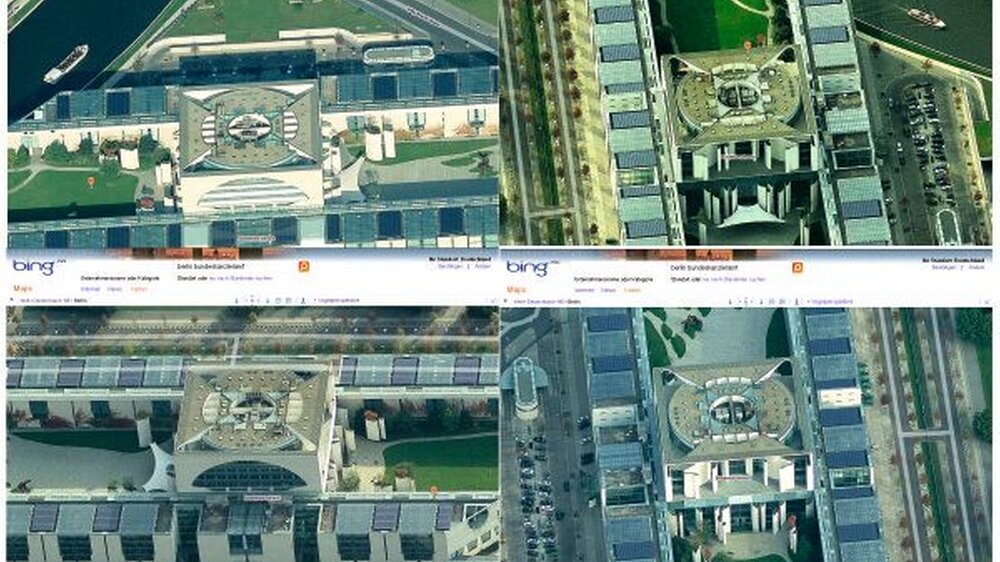 Ansichten des Kanzleramtes in Berlin aus der Vogelperspektive auf der Micrsosoft-Seite Bing. Ähnlich wie bei Googles Street View gibt es nun auch bei Streetside Diskussionen über den Datenschutz.