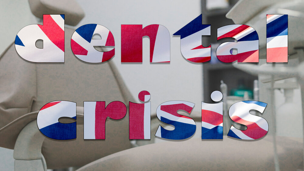 British dental crisis British dental crisis, British Flag merged into words dental crisis projected on top of dentist chair