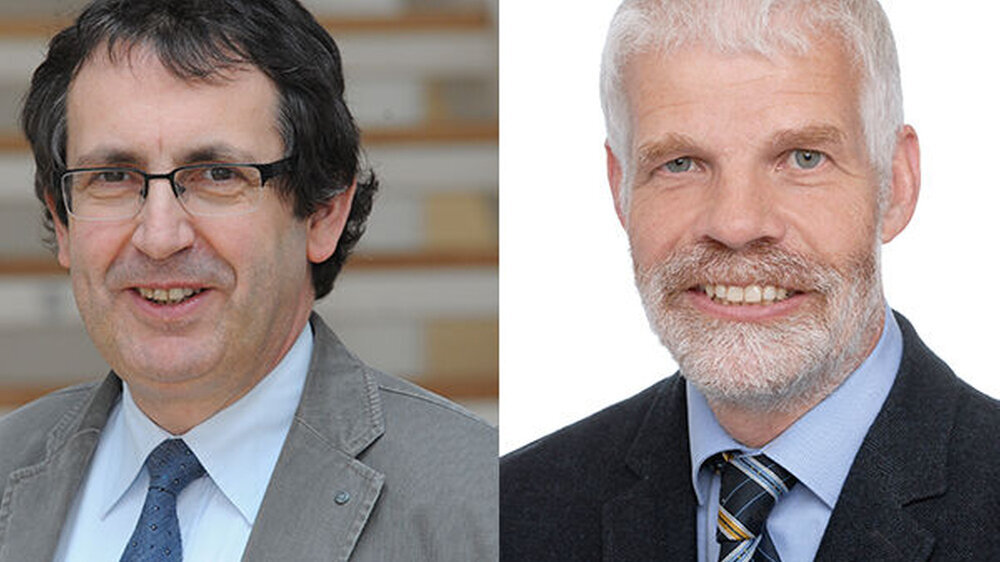 Prof. Dr. Stefan Zimmer (links), Leiter des Departements für Zahn-, Mund- und Kieferheilkunde und Prodekan der Fakultät für Gesundheit der Universität Witten/Herdecke, widerspricht den Marketing-Aussagen der Firma Wolff. Prof. Dr. Ulrich Schiffner (re