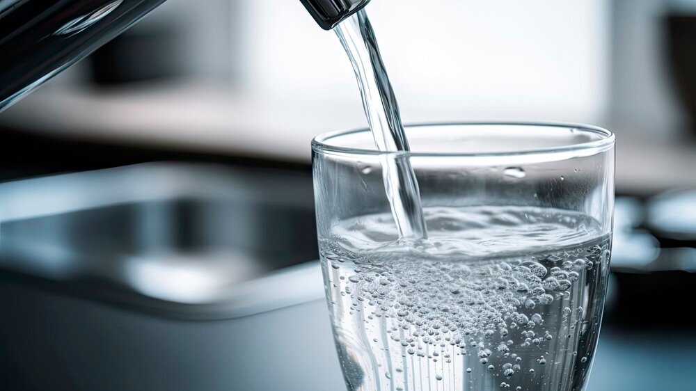 Trinkwasser fließt aus dem Wasserhahn in ein Glas. Trinkwasser fließt aus dem Wasserhahn in ein Glas.