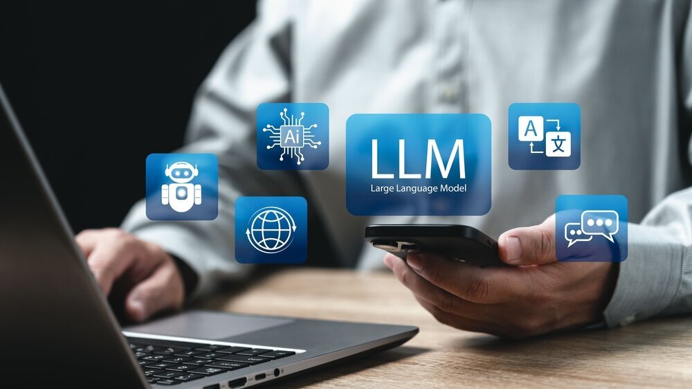 LLM, AI Large Language Model concept, Businessman use smartphone and application general-purpose language generation capability, Chat AI, Automation, Machine learning, Big Data analysis Document Large Language Model