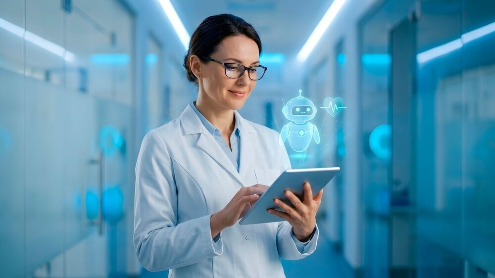 Healthcare technology innovations for better patient care. Empowering doctors with digital tools. A medical professional using a tablet in a modern clinic.
