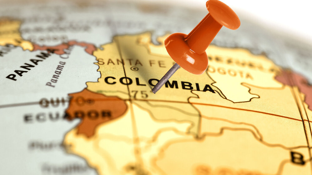 Location Colombia. Red pin on the map. Kolumbien