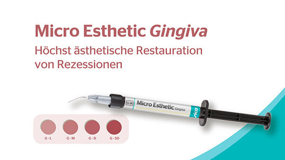 Micro Esthetic Gingiva ist ein fließfähiges, höchst röntgenopakes (210% AL) zahnfleischfarbenes Komposit zur ästhetischen Restauration von Rezessionen, freiliegenden Kronenrändern und fehlenden Papillen.