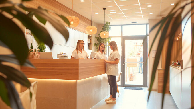 Photo of Dental clinic receptionists make appointments and ask questions about patients, using natural light Zahnärztin am Tresen in der Praxis