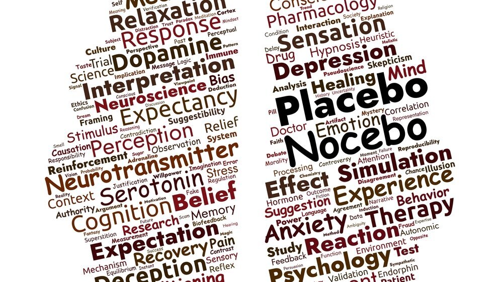 Placebo and Nocebo Word Cloud. Essential terms on psychological effects, medical treatments, perception, and research influencing health and behavior.