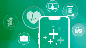 Digitalisierung des Gesundheitssystems, E-Health, Smartphone und Hintergrund mit medizinischen Symbolen, Gesundheitswesen, Gesundheit, Online-Sprechstunde, Videochat, Medikamente, Arzt, Untersuchung