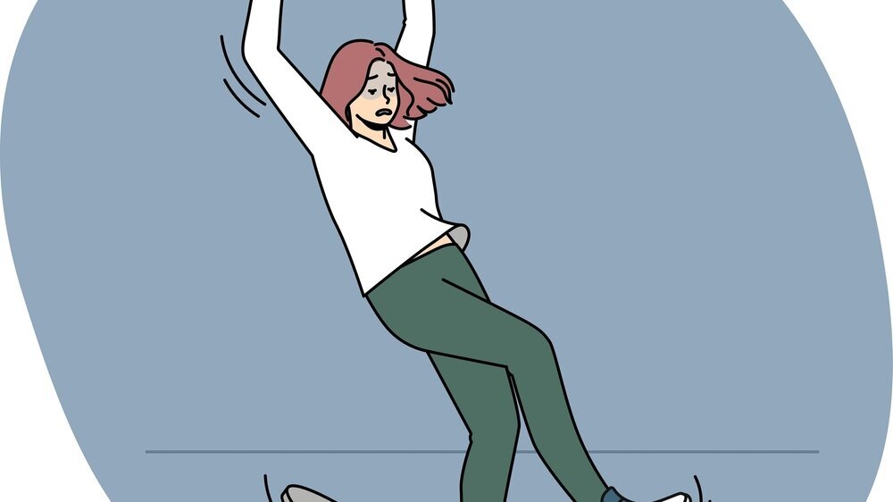 Unlucky woman fall into open hatch Clumsy unlucky woman fall in open hatch feel scared distressed with unpleasant accident. Female dangerous event or misfortune outdoors. Concept of risky affair or failure. Vector illustration.