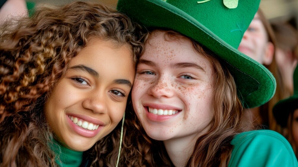 Two Young Girls Smiling in Green Hats Irische Mädchen, Zahngsundheit Irland