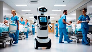 Ein Assistenzroboter rollt durch eine belebte Krankenhausstation, umgeben von medizinischem Fachpersonal