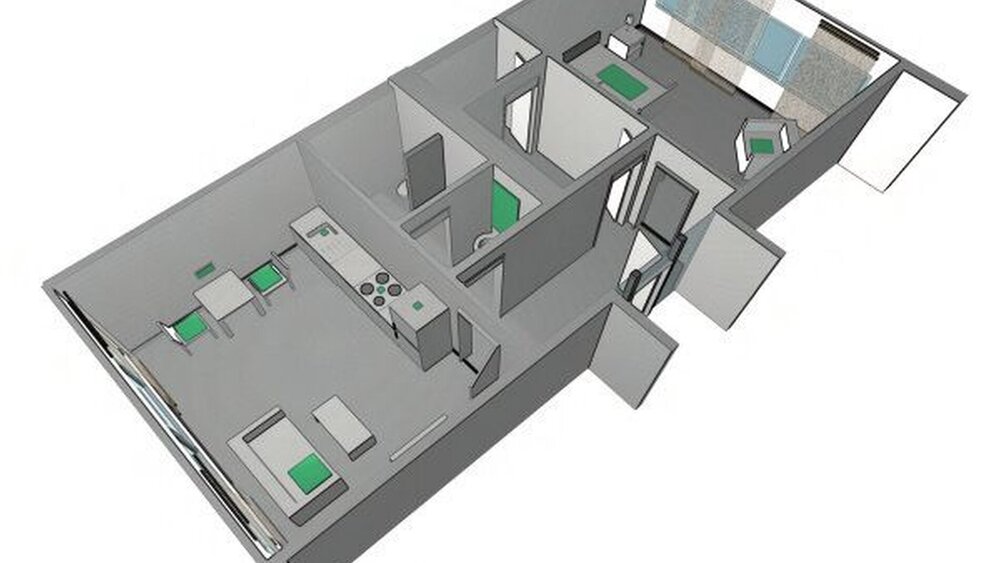So sieht eine Wohnung im Modell aus. Die grün markierten Flächen zeigen Bereiche, in denen Assistenzsysteme integriert sind. |