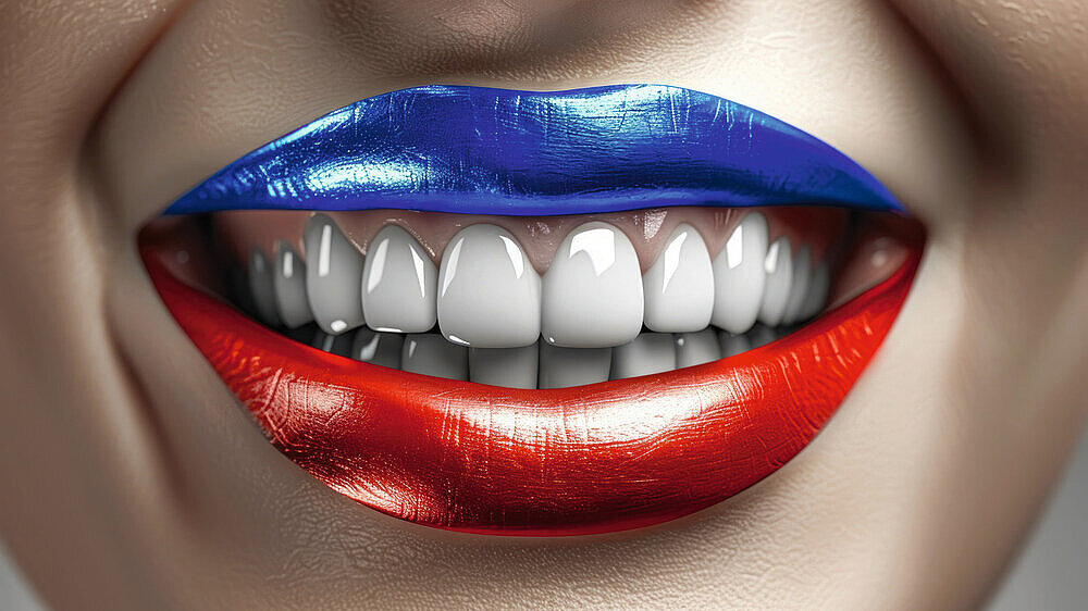 Smiling Lips with Red and Blue Lipstick Close-Up. Generative ai Smiling Lips with Red and Blue Lipstick Close-Up. Generative ai. High quality illustration
