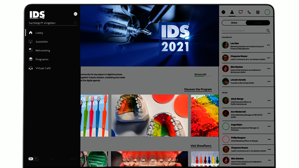 Abb. 1: Ausgangspunkt Lobby: Von hier aus erreicht der virtuelle Besucher der IDS mit wenigen Klicks Hauptbühne, Präsentationen von Produktinnovationen und das gesellige „Virtuelle Café“.