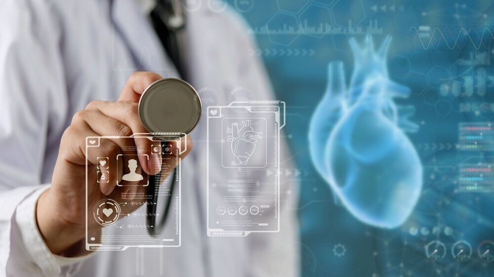 Doctor using stethoscope with heart Artificial Intelligence AI data, Innovative medical concept with augmented smart diagnosis technology.telemedicine, and smart hospital platforms. Arzt und KI