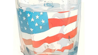 US-Flagge reflektiert in einem Wasserglas