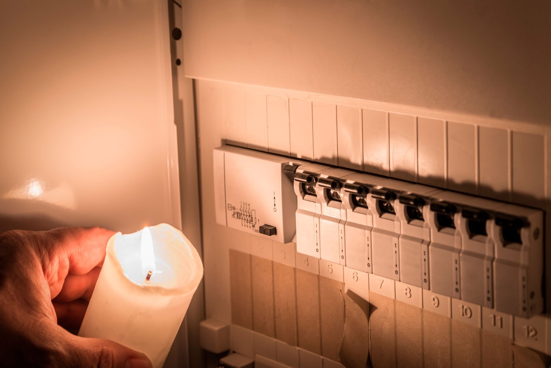 Sicherungskasten mit Sicherungen in einem Verteilerkasten während eines Stromausfall mit weißer Kerze beleuchtet die ein Mann in der Hand hält, Deutschland