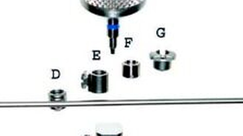 Abbildung 1 a: Mini-Implantat mit abschraubbarem Abutment (Benefit System): A: Mini-Implantat 2 x 9 mm. B: Labor Analog. C: Abdruckkappe. D: Abutment mit Draht E: Bracket-Abutment. F: Standard-Abutment G: Abutment mit Schlitz H: Schraubendreher zur Fixier