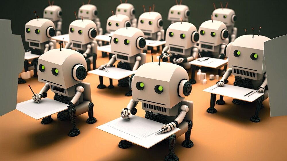 Concept of a robot replacing humans at work, robot writing, AI generative art, ChatGPT. Student cheating. Cheating in school. Cheating with ChatGPT. Illustration created with Generative AI.