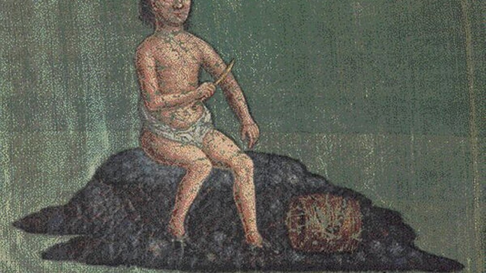 Ein Rammelsberger Bergmann reinigt sich mit einem Schweißmesser. Darstellung auf der Knappschaftsfahne von 1787. |