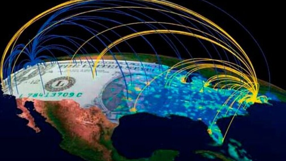 Money makes the world go round: So bewegen sich Geldnoten in den USA. Jede Linie steht für die Reise eines einzelnen Geldscheins zwischen Anfangs- (Seattle: blau, New York: gelb) und Zielort. Verblüffend: Jede Geldnote war weniger als eine Woche unterwe