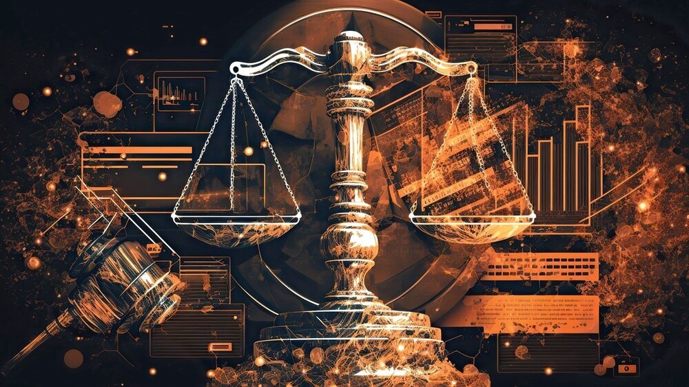 Ai policy advisor navigating legal and regulatory landscapes, concept of Data Analytics and Risk Analysis, created with Generative AI technology Justizia Waage Steuern