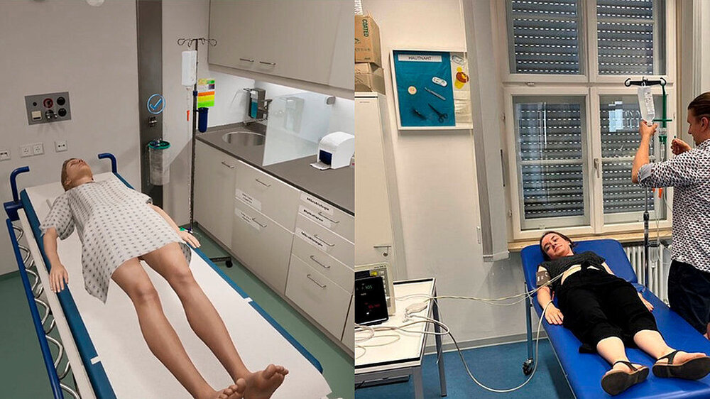 Links eine virtuelle Patientin, rechts eine Schauspielerin für die Prüfungssitution der Medizinstudierenden. Links eine virtuelle Patientin, rechts eine Schauspielerin für die Prüfungssitution der Medizinstudierenden.
