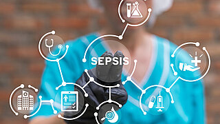 Sepsis, Blutvergiftung dargestellt mit dem Wirkungskreis im Gesundheitswesen.
