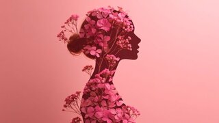 Weibliche Silhouette mit pinken Blumen und pinkfarbenem Hintergrund