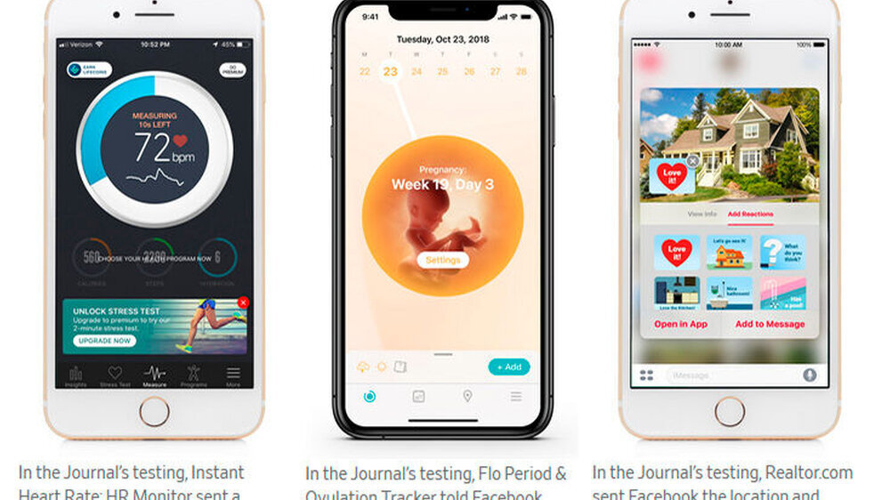 Neben Gesundheits-Apps wie "HR Monitor" (Herzfrequenzmessung) oder "Flo Period & Ovulation Tracker" (Menstruation/Eisprung) hat das WSJ auch Anwendungen wie die Immobilien-App "Realtor" untersucht, die Örtlichkeit und Preise der angesehenen Immobilien an