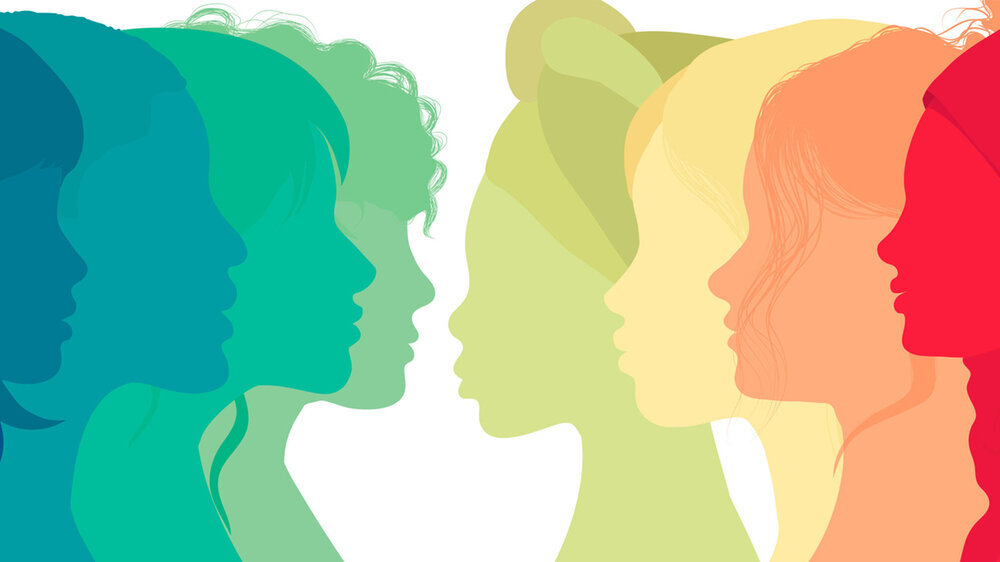 Communication group of multicultural diversity women and girls - face silhouette profile. Female social network community of diverse culture. Racial equality.Friendship. Colleagues.Speak Frauen