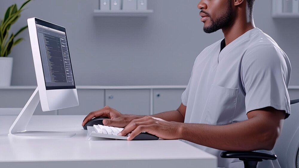 Gesundheitsfachkraft an einem Computer in einer Arztpraxis Gesundheitsfachkraft an einem Computer in einer Arztpraxis