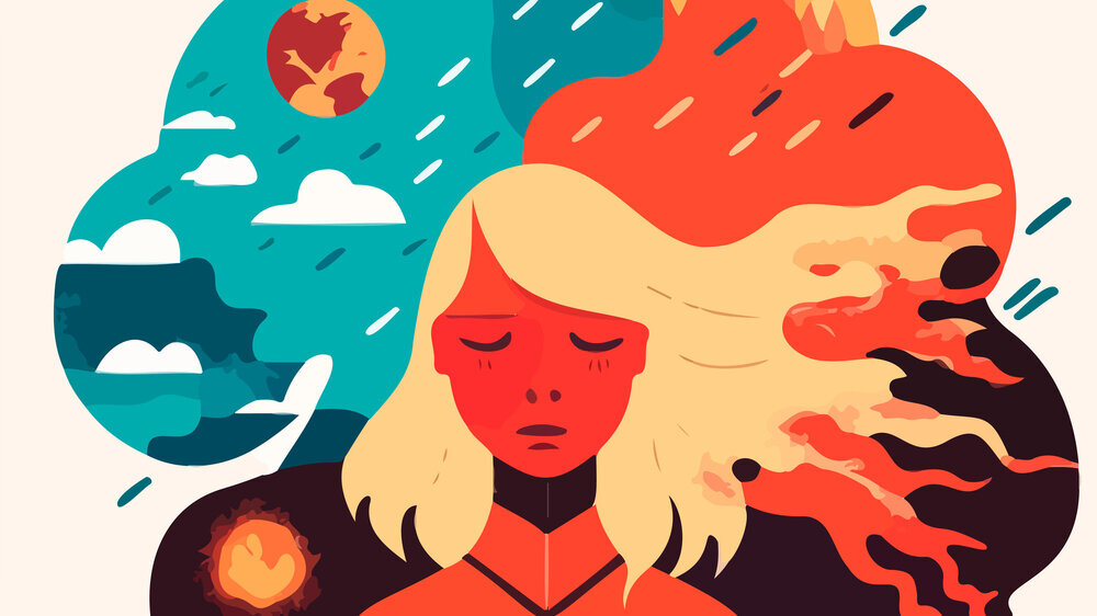 Die Illustration zeigt eine junge Frau, hinter der die schädlichen Folgen des Klimawandels symbolisch dargestellt werden