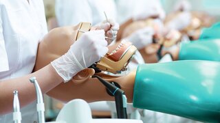 Nahaufnahme von Studierenden, die an einem Phantomkopf arbeiten.