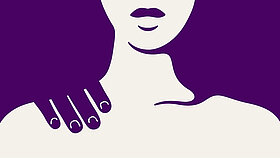 Banner gegen Übergriffe an Frauen mit der Silhouette einer starken Frau und einer männlichen Hand auf ihrer Schulter.