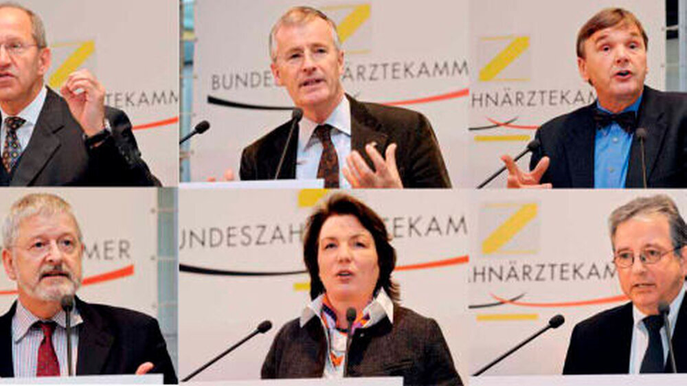 Einstimmige Ablehnungund Schulterschluss zwischen Standespolitik, Wissenschaft und Berufsverbänden (v.l.n.r.): BZÄK-Präsident Dr. Peter Engel, KZBV-Vorsitzender Dr. Jürgen Fedderwitz, DGZMK-Vertreter Prof. Dr. Georg Meyer, FVDZ-Vorsitzender Dr. Karl-H