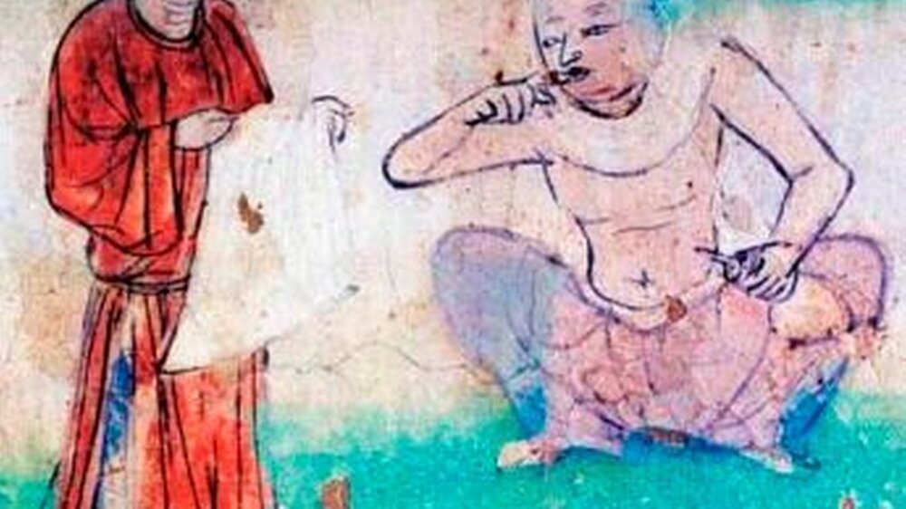 Im alten China standen Körperpflege und Reinlichkeit hoch im Kurs – inklusive Zahnpflege. Hier ein Mann beim Zähneputzen, Mogao-Höhlen, Quelle: Tan Chanxue (Hg.) Dunhuang shiku quanji. Minsu hua juan. Hong Kong, 1999