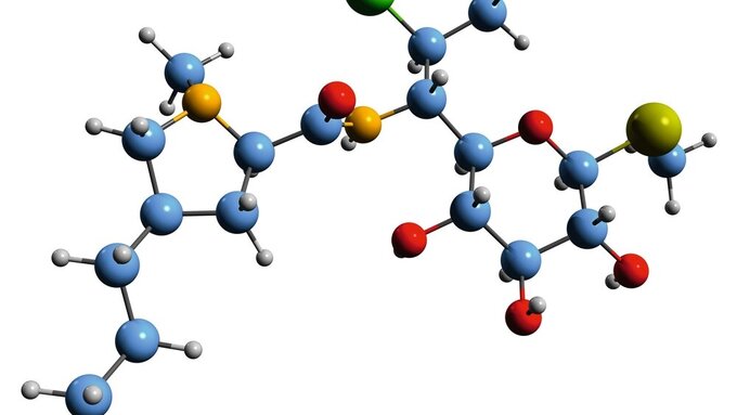 3D image of Clindamycin skeletal formula molecular chemical structure of antibiotic isolated on white background