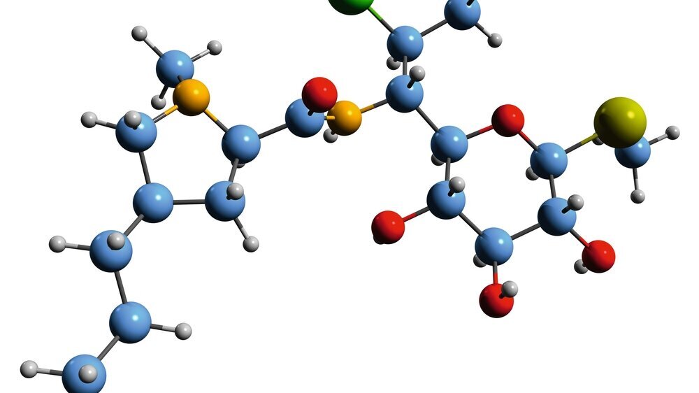 3D image of Clindamycin skeletal formula molecular chemical structure of antibiotic isolated on white background