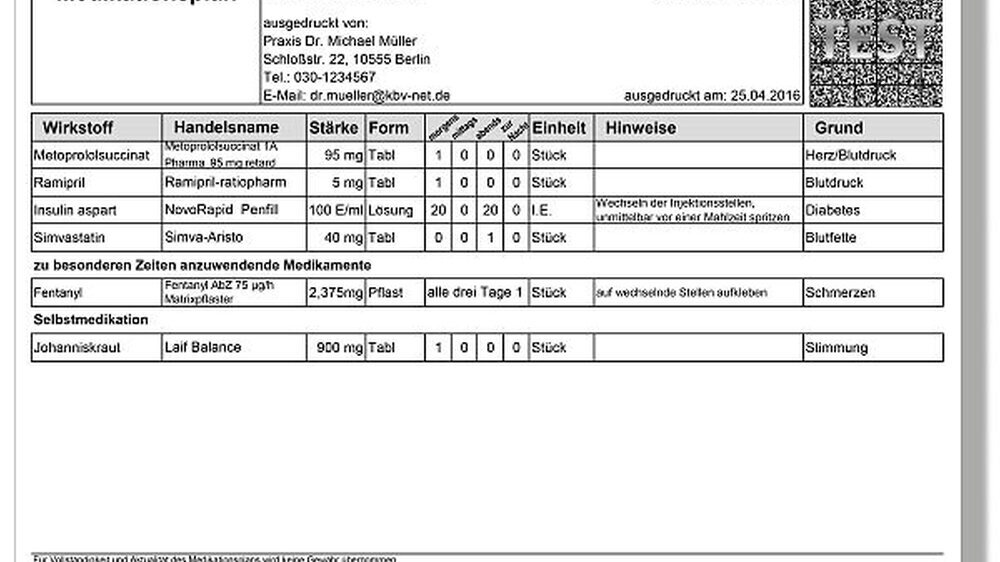 Anhand des Medikationsplans sieht der Arzt, welche Medikamente sein Patient aktuell einnimmt. Gibt jener auch alle Arzneien an, können gefährliche Wechselwirkungen vermieden werden. Profitieren werden davon wahrscheinlich vor allem ältere und chronisch Anhand des Medikationsplans sieht der Arzt, welche Medikamente sein Patient aktuell einnimmt. Gibt jener auch alle Arzneien an, können gefährliche Wechselwirkungen vermieden werden. Profitieren werden davon wahrscheinlich vor allem ältere und chronisch kranke Menschen. |