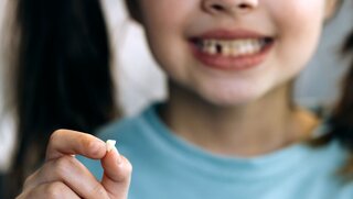 Kleines Mädchen hält verlorenen Milchzahn zwischen den Fingern.