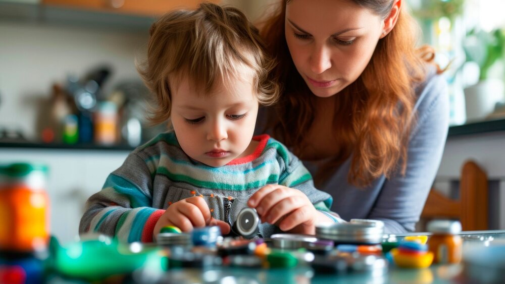 Das Kleinkind beschäftigt sich unter der aufmerksamen Anleitung eines Erwachsenen mit verschiedenen Batterien