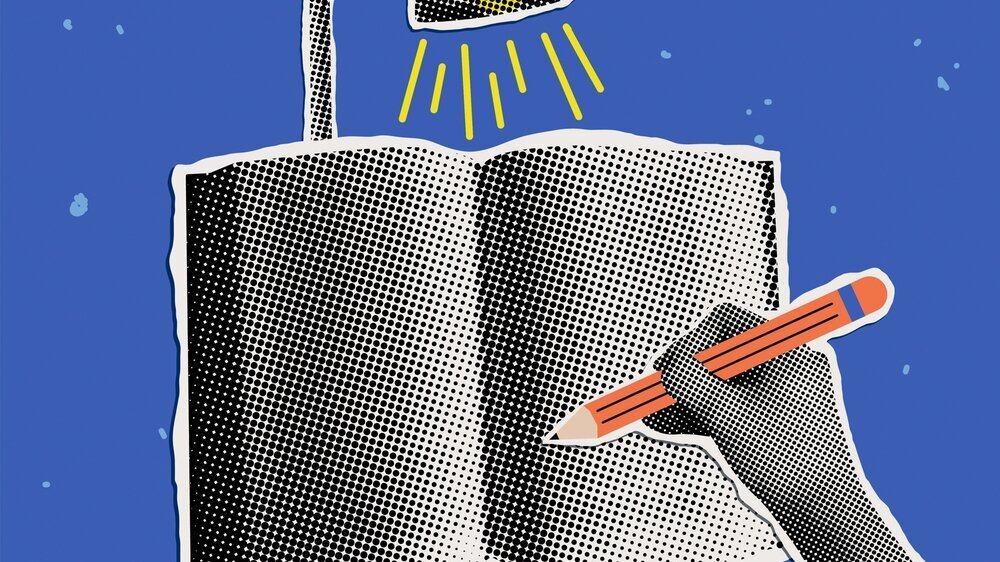Modern collage with writing hand, book and table lamp. Concept of learning, study, knowledge. Halftone hand holding a pencil. Back to school illustration. Trendy newspaper cut out elements Lernen im Studium