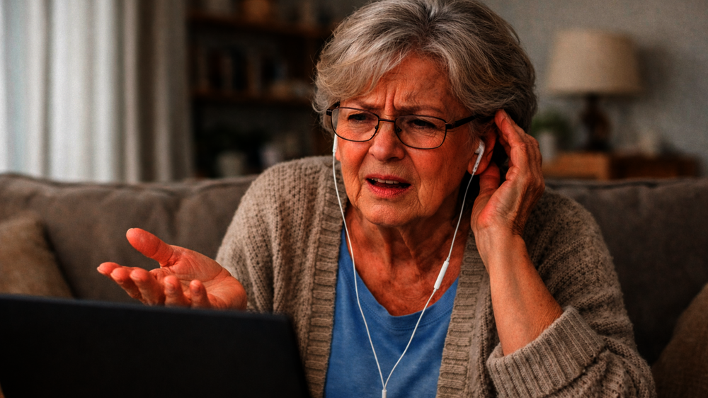 Alte Frau hat Verständnisprobleme bei einem Videocall