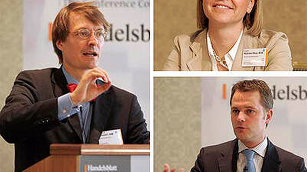 Moderator Prof. Dr. Eberhard Wille vom Sachverständigenrat kitzelte ihnen die Antworten aus der Nase: Annette Widmann- Mauz (CDU), Daniel Bahr (FDP) und Karl Lauterbach (SPD).